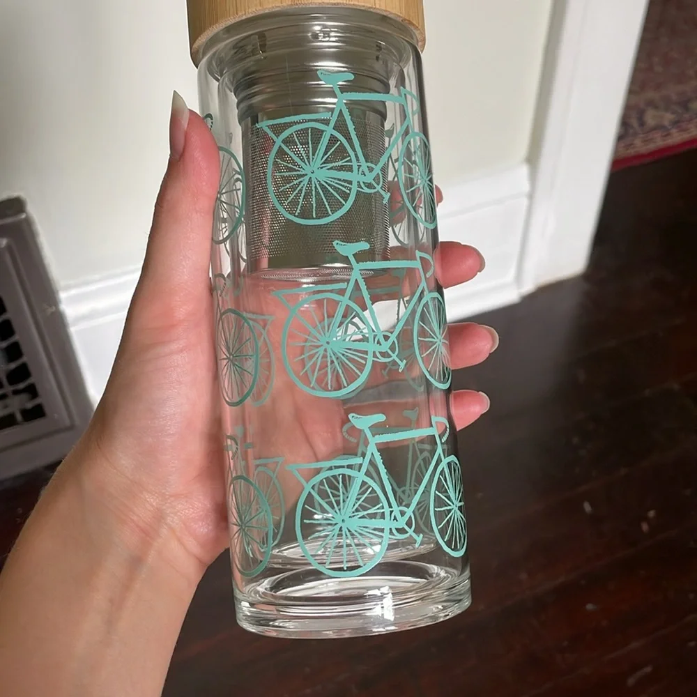 Kitchen Kaboodle Glass Tea Infuser Bamboo Lid Bottle With Printed Teal Bicycles